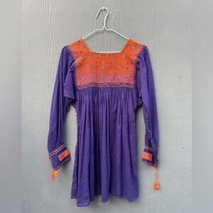 Vintage Mexicana 3/4 Length Sleeve Tunic Purple with Orange Embroidery Size SM